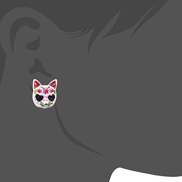 New Betsey Johnson Sugar Skull Cat Stud Earrings - Picture 5 of 12